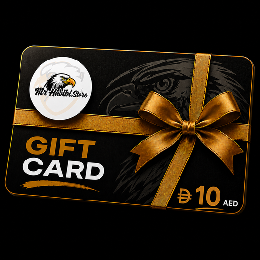 A 10 AED gift card from Mr. Habibi Store, featuring a black background with a large eagle graphic, a gold ribbon bow, and gold and white text.