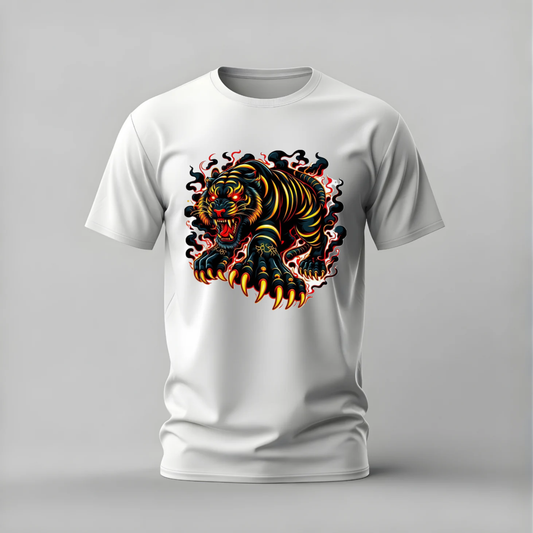 A white short-sleeve crewneck t-shirt featuring a large, detailed graphic of a roaring tiger with red eyes and black stripes, surrounded by stylized flames, shown on a neutral gray background.