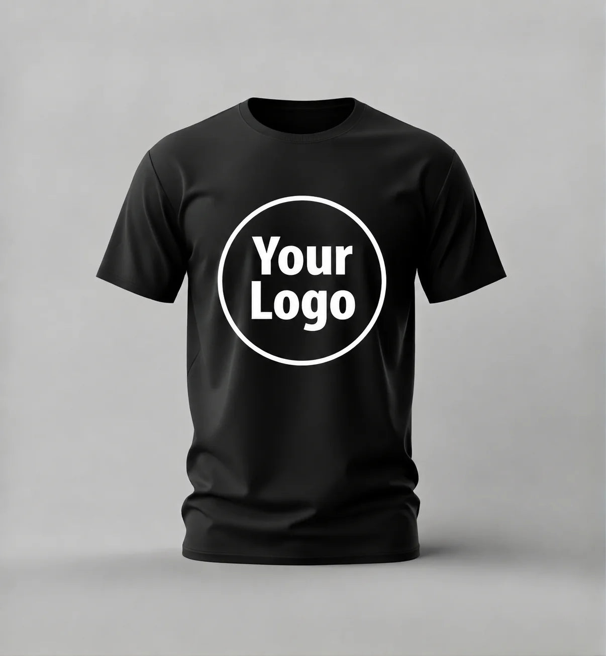 Black t-shirt with 'Your Logo' text on a gray background