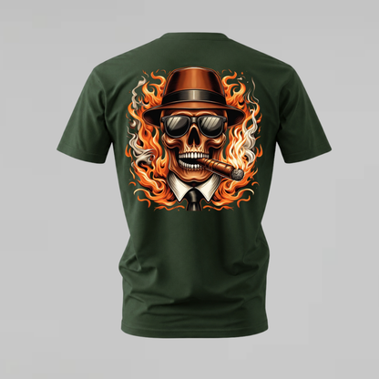 FLAMING SKULL Fedora Graphic T-Shirt