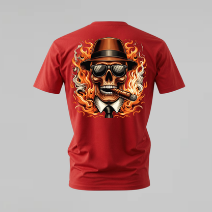 FLAMING SKULL Fedora Graphic T-Shirt