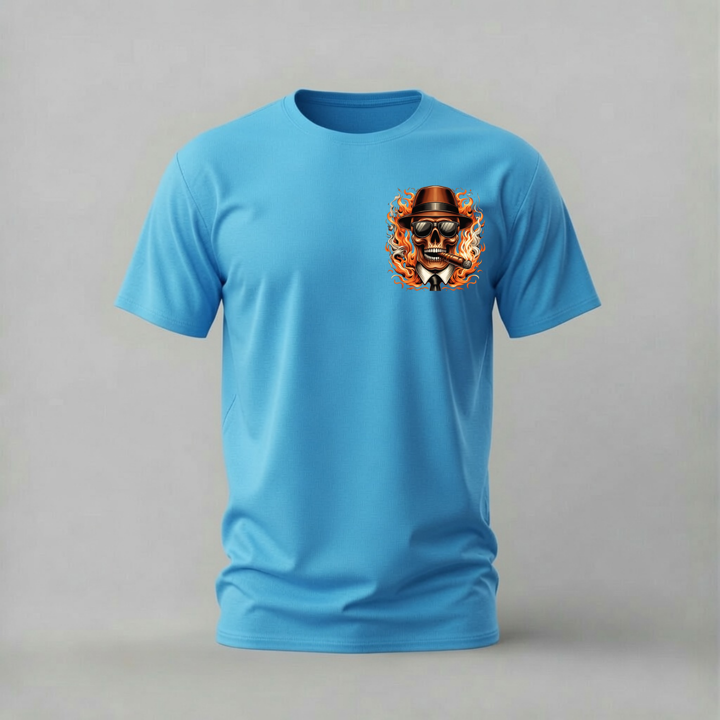 FLAMING SKULL Fedora Graphic T-Shirt