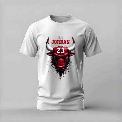 jordan bull tshirt; chicago bulls 23 shirt; jordan 23 graphic tee; nba bulls tshirt; michael jordan bull shirt; basketball goat tee; unisex nba tshirt; men cotton tshirt; half sleeve printed tshirt; streetwear; casual wear; bulls merch; jordan fan shirt
