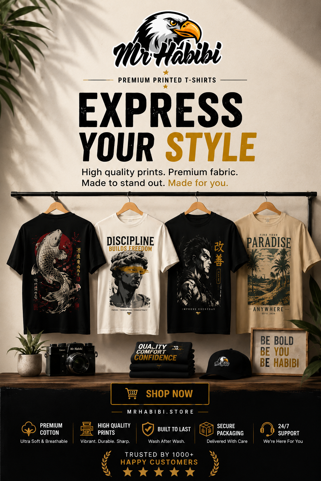 Display of t-shirts with graphic designs on a shelf, featuring promotional text for Mr Habibi t-shirts.