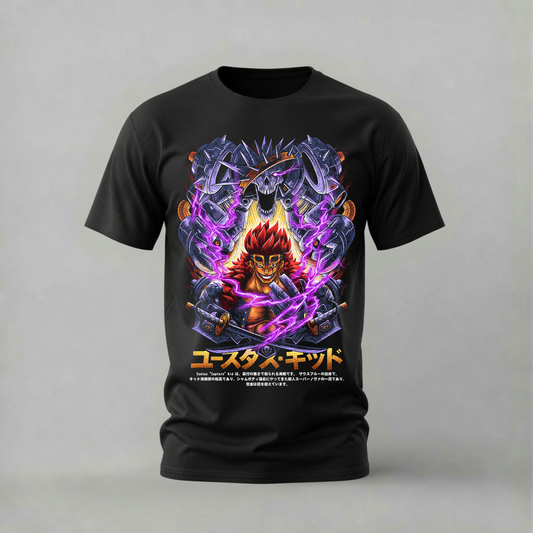 eustass kid tshirt; one piece captain kid shirt; kid pirates graphic tee; eustass kid lightning; unisex eustass kid tee; men cotton tshirt; half sleeve printed tshirt; anime merch; casual wear
