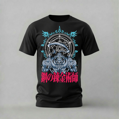 alphonse elric tshirt; fullmetal alchemist shirt; alphonse armor graphic tee; fma alphonse tshirt; alchemy anime shirt; unisex alphonse tee; men cotton tshirt; half sleeve printed tshirt; streetwear; casual wear; fullmetal merch; anime graphic shirt