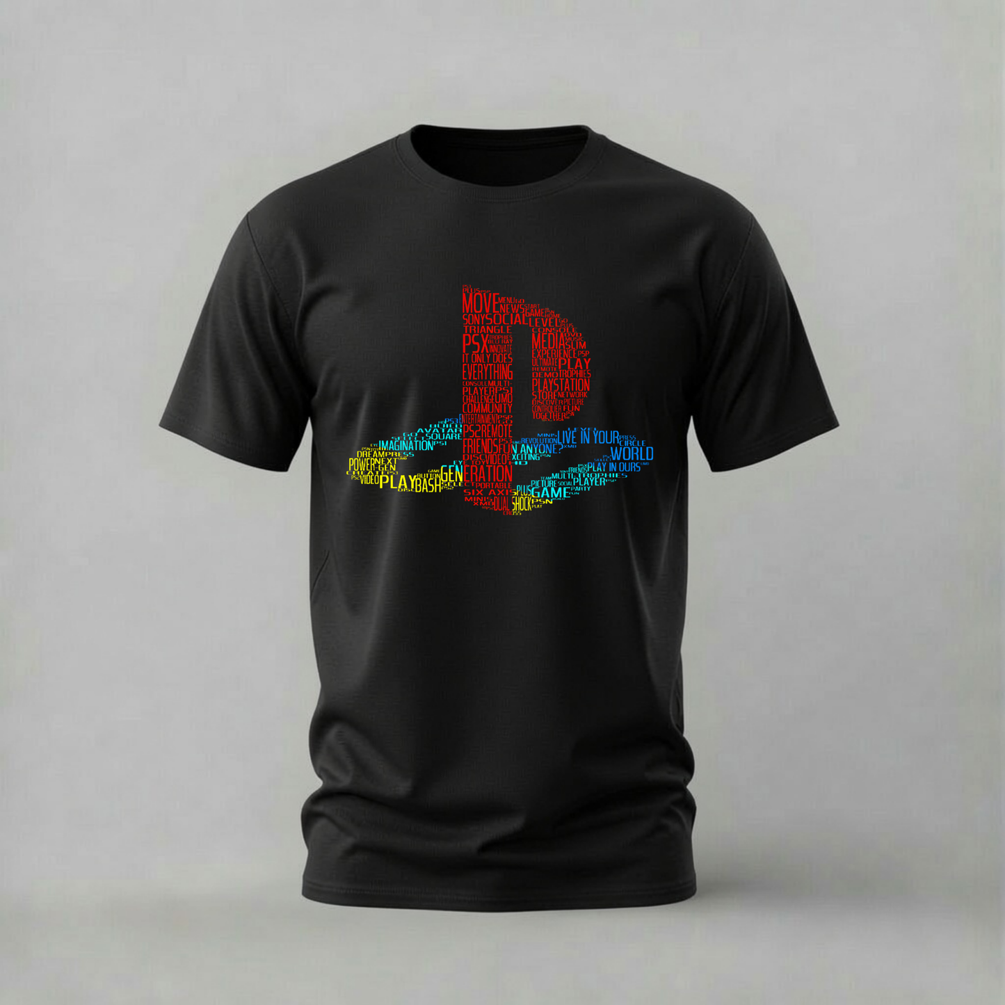 A black short-sleeve crewneck t-shirt featuring a PlayStation logo on the chest, where the logo is constructed from colorful text in red, yellow, green, and blue, set against a plain gray background.