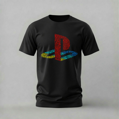 A black short-sleeve crewneck t-shirt featuring a PlayStation logo on the chest, where the logo is constructed from colorful text in red, yellow, green, and blue, set against a plain gray background.
