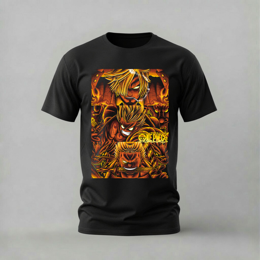 sanji fire tshirt; one piece sanji shirt; black leg sanji graphic tee; fiery sanji tshirt; unisex sanji fire tee; men cotton tshirt; half sleeve printed tshirt; anime merch; casual wear
