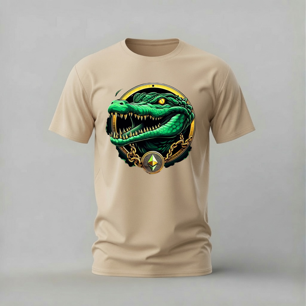 crypto crocodile tshirt; ethereum alligator shirt; crypto animal graphic tee; gold chain crocodile tshirt; unisex graphic tee; men cotton tshirt; half sleeve printed tshirt; street merch; casual wear