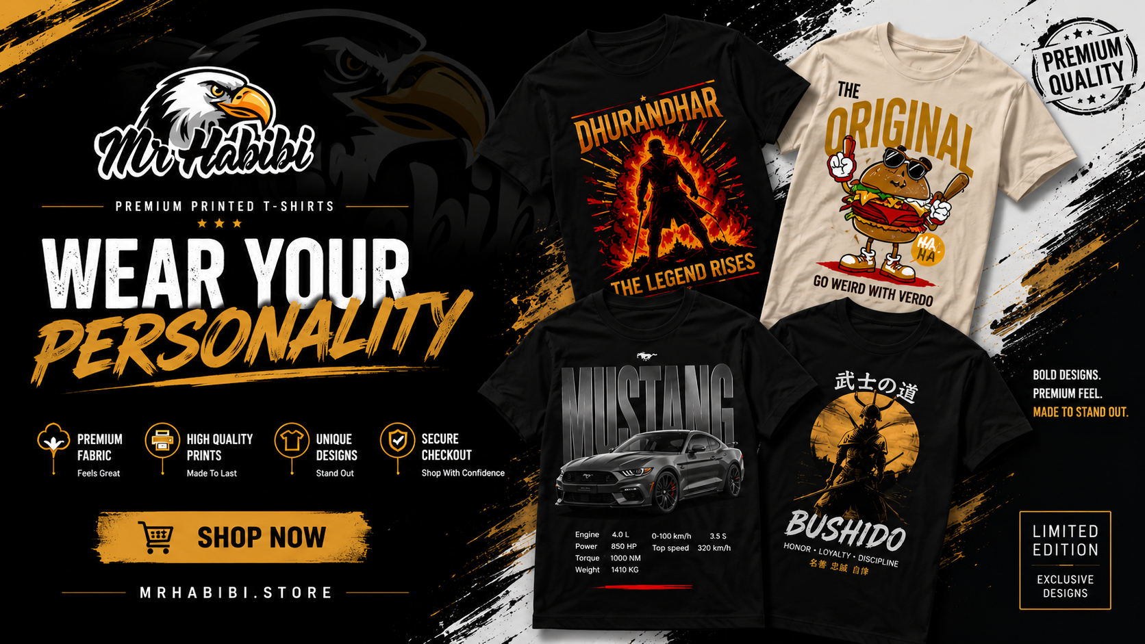 Collection of t-shirts with various designs and branding elements on a promotional graphic.