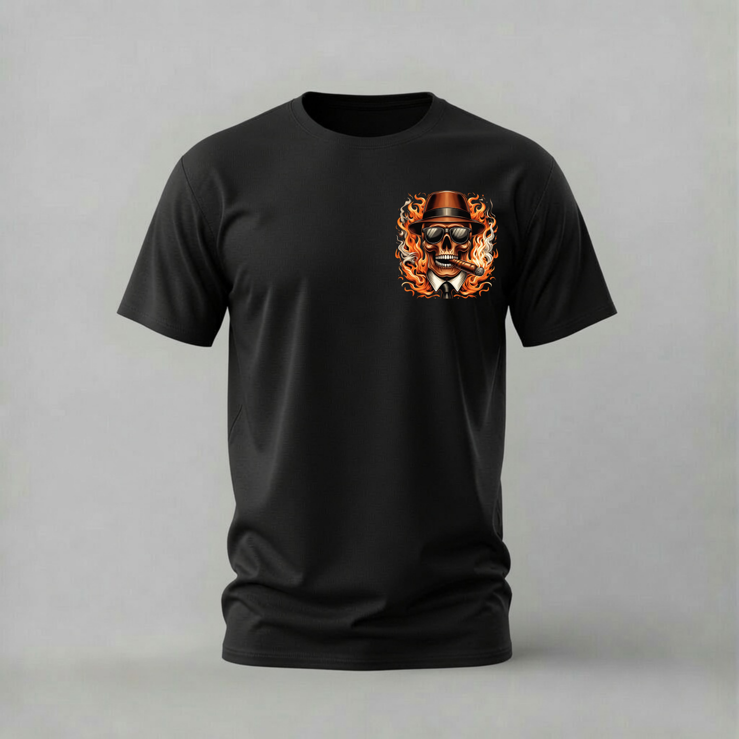 FLAMING SKULL Fedora Graphic T-Shirt