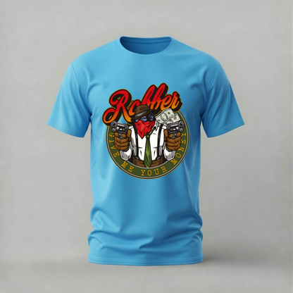 robber tshirt; gorilla robber shirt; gangster ape graphic tee; give me your money tshirt; gorilla with guns shirt; unisex streetwear tee; men cotton tshirt; half sleeve printed tshirt; streetwear; casual wear; gorilla merch; robber graphic shirt
