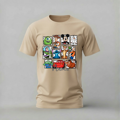 A beige crewneck t-shirt featuring a graphic collage of Disney characters including Mickey Mouse, Buzz Lightyear, Woody, Stitch, and others, with the text 'Disney' printed below the grid, shown on a neutral gray background.