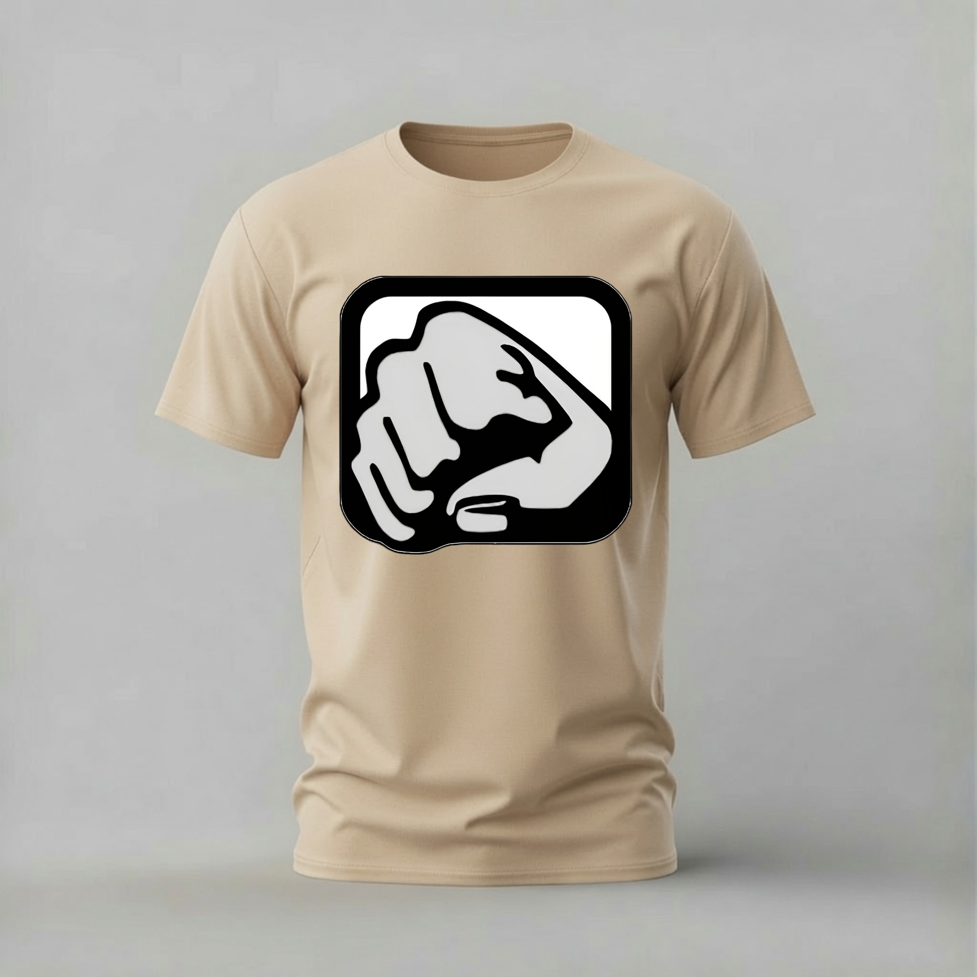A beige short-sleeve crewneck t-shirt featuring a black and white graphic of a flexed bicep hand on the chest, displayed against a neutral gray background.