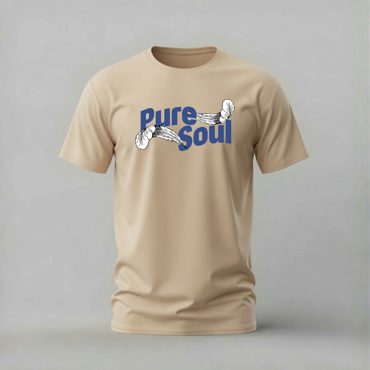 A beige short-sleeve crewneck t-shirt featuring a blue and white graphic on the chest that reads 'Pure Soul' with a stylized graphic element, displayed against a neutral gray background.
