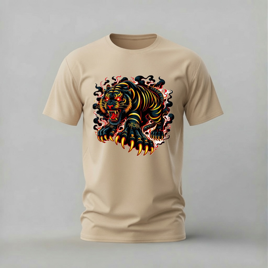 A beige short-sleeve crewneck t-shirt featuring a large, colorful graphic of a traditional tattoo-style tiger on the chest, set against a neutral gray background.