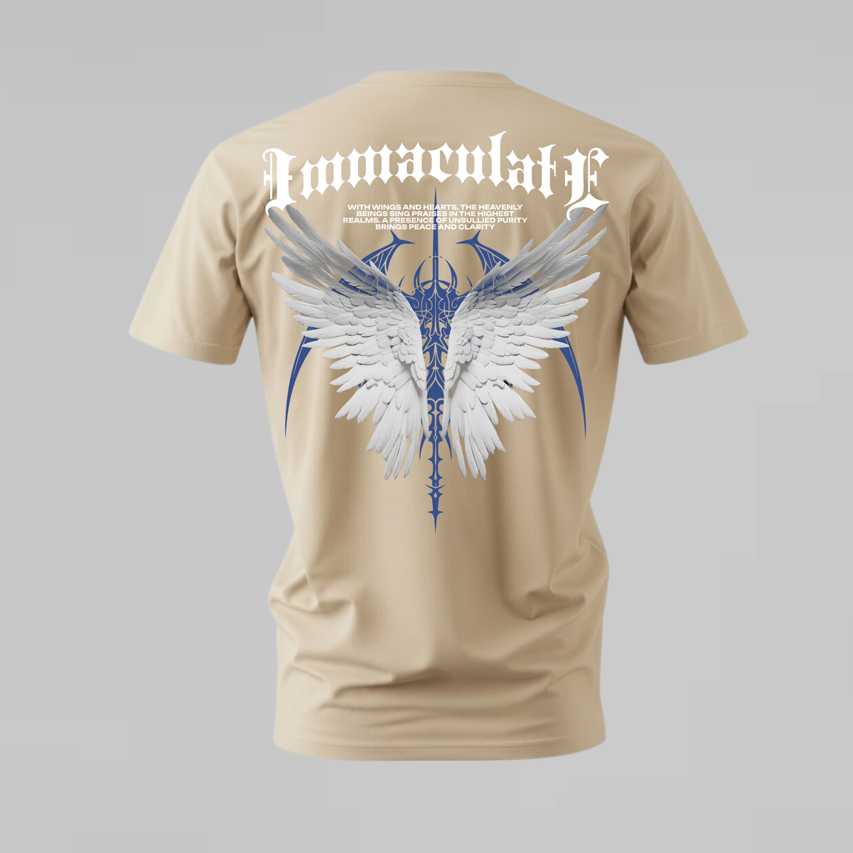 A beige short-sleeve t-shirt shown from the back, featuring a large graphic print with white angel wings, a blue sword, and the word 'Immaculate' in white gothic lettering.