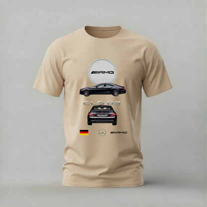 A beige short-sleeve t-shirt with a Mercedes-AMG G 63 graphic print on the front, displayed against a neutral gray background.