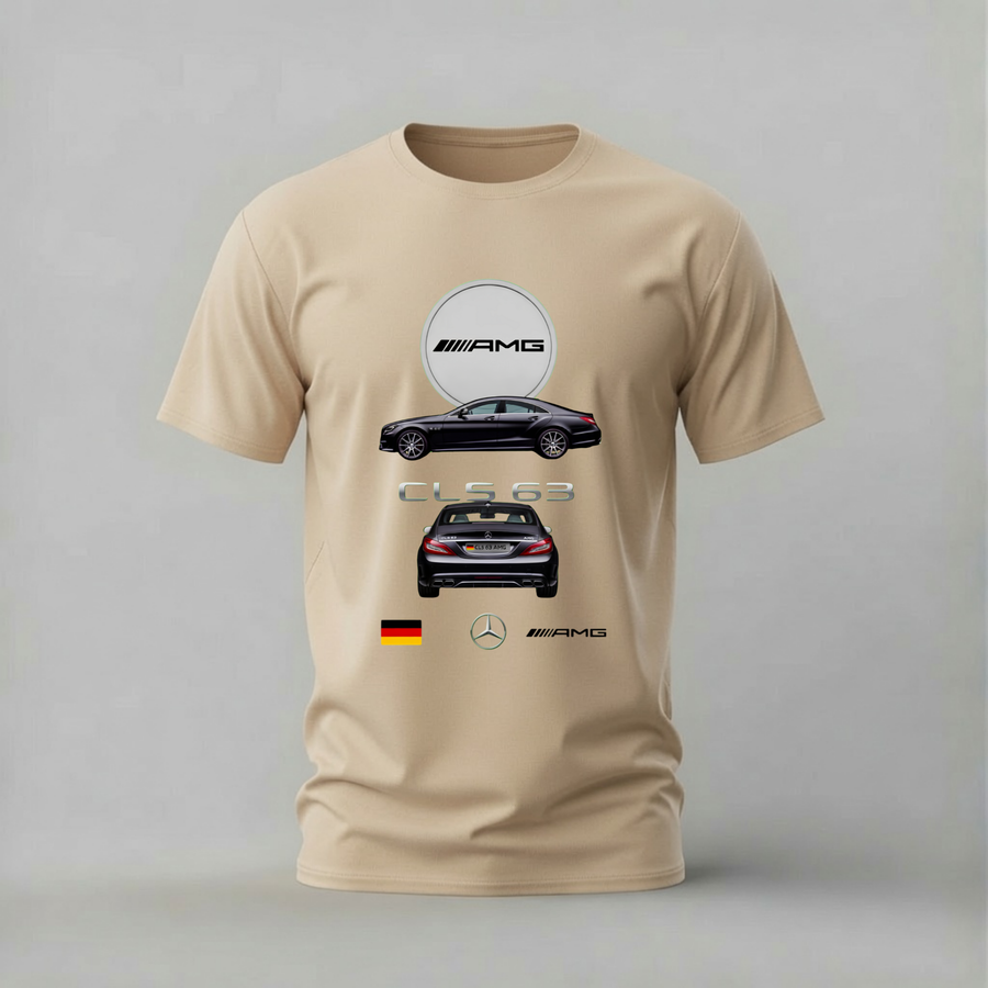 A beige short-sleeve t-shirt with a Mercedes-AMG G 63 graphic print on the front, displayed against a neutral gray background.