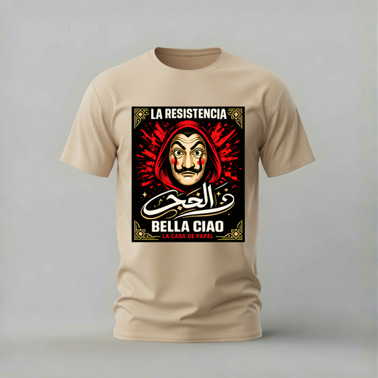 A beige short-sleeve t-shirt with a graphic print of the La Sirenita mask from 'La Casa de Papel' with the text 'LA RESISTENCIA' and 'BELLA CIAO'.