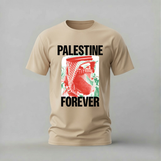 A beige short-sleeve t-shirt with a graphic print on the front. The print features the text 'PALESTINE' and 'FOREVER' in bold black letters surrounding a red, white, and green graphic of a person wearing a keffiyeh.