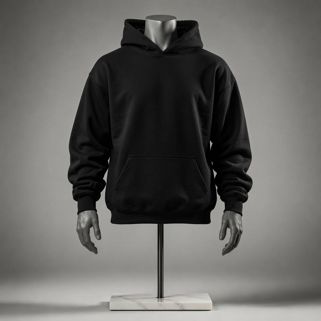 A black pullover hoodie displayed on a mannequin torso with hands and a stand against a smooth gray studio background.