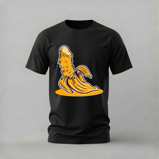 A black short-sleeve crewneck t-shirt featuring a cartoon graphic of a melting yellow banana on the front, displayed against a neutral gray background.