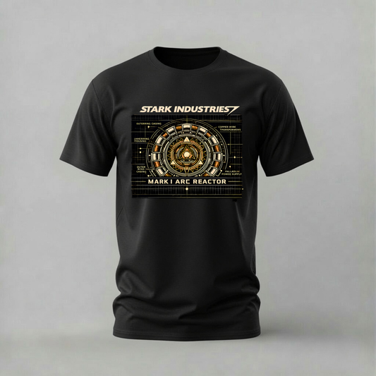 A black short-sleeve crewneck t-shirt featuring a gold and white graphic print on the front with the text 'STARK INDUSTRIES' and 'MARK I ARC REACTOR' surrounding a circular schematic design, shown against a neutral gray background.