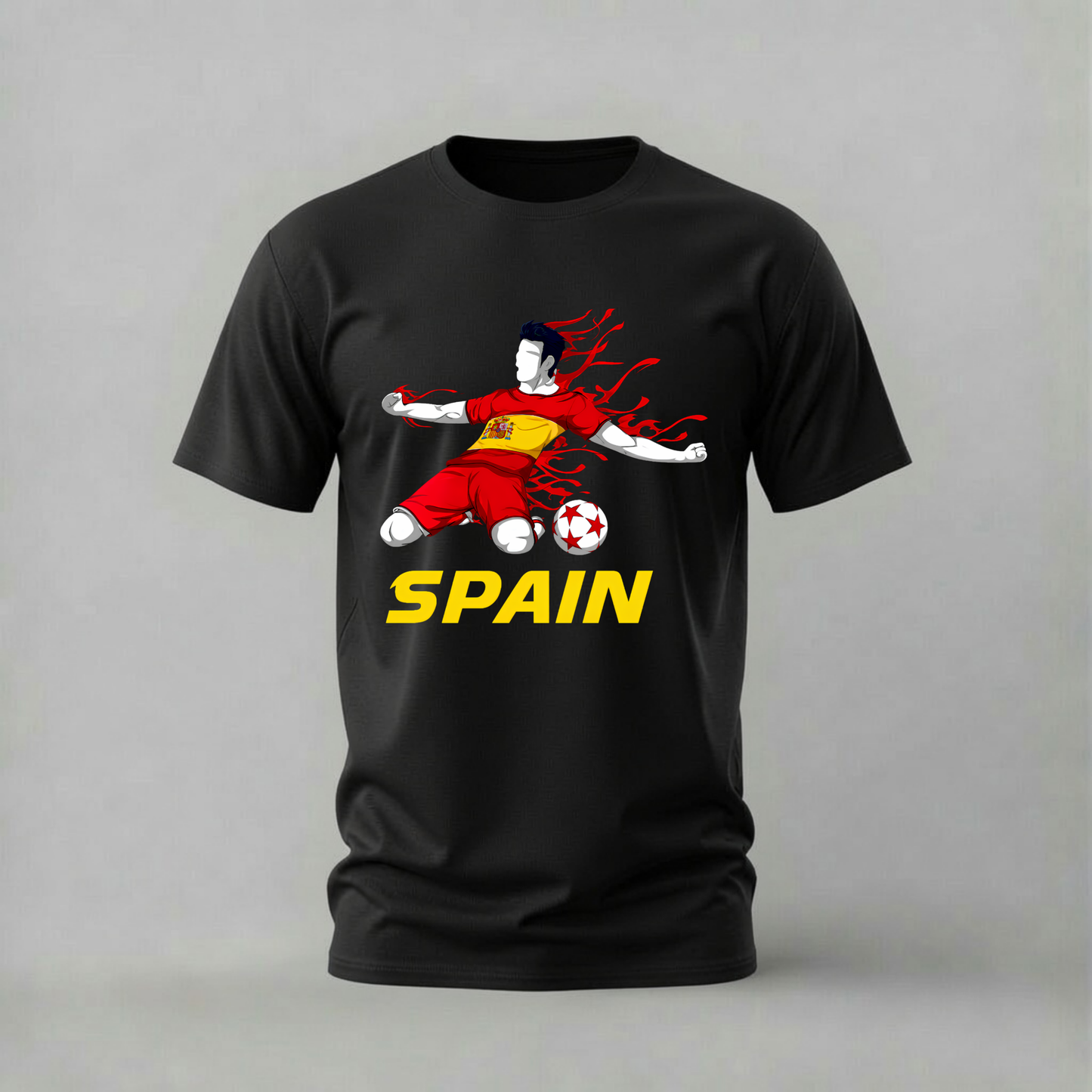 A black short-sleeve crewneck t-shirt featuring a graphic of a soccer player in a red and yellow Spain jersey kicking a soccer ball, with the word 'SPAIN' printed in yellow below.