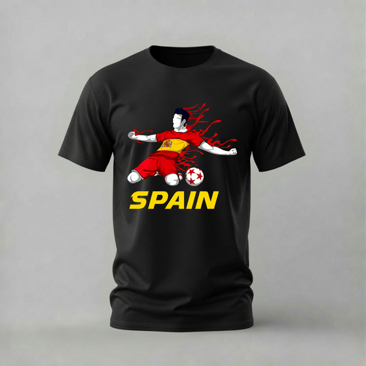 A black short-sleeve crewneck t-shirt featuring a graphic of a soccer player in a red and yellow Spain jersey kicking a soccer ball, with the word 'SPAIN' printed in yellow below.