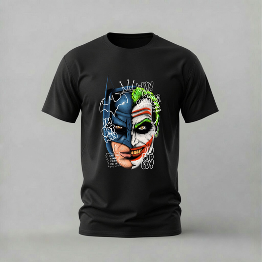 A black short-sleeve crewneck t-shirt featuring a graphic print of Batman and the Joker merged together, with 'BATMAN JOKER' text and comic-style doodles, shown against a neutral gray background.