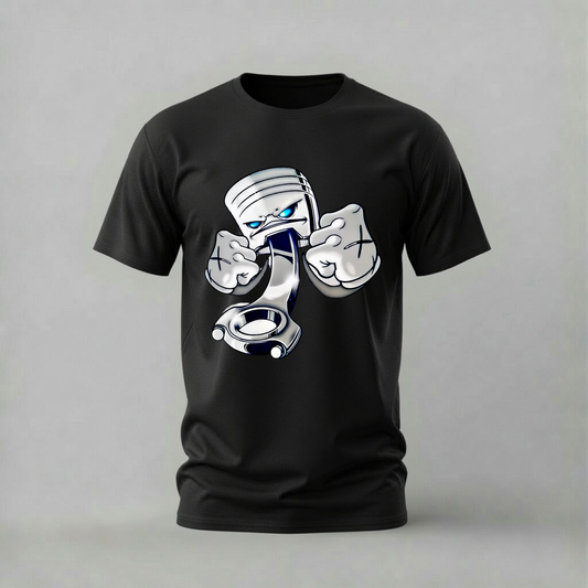 A black short-sleeve crewneck t-shirt featuring a graphic print of a cartoon piston character with blue eyes and metallic silver details, shown against a neutral gray background.