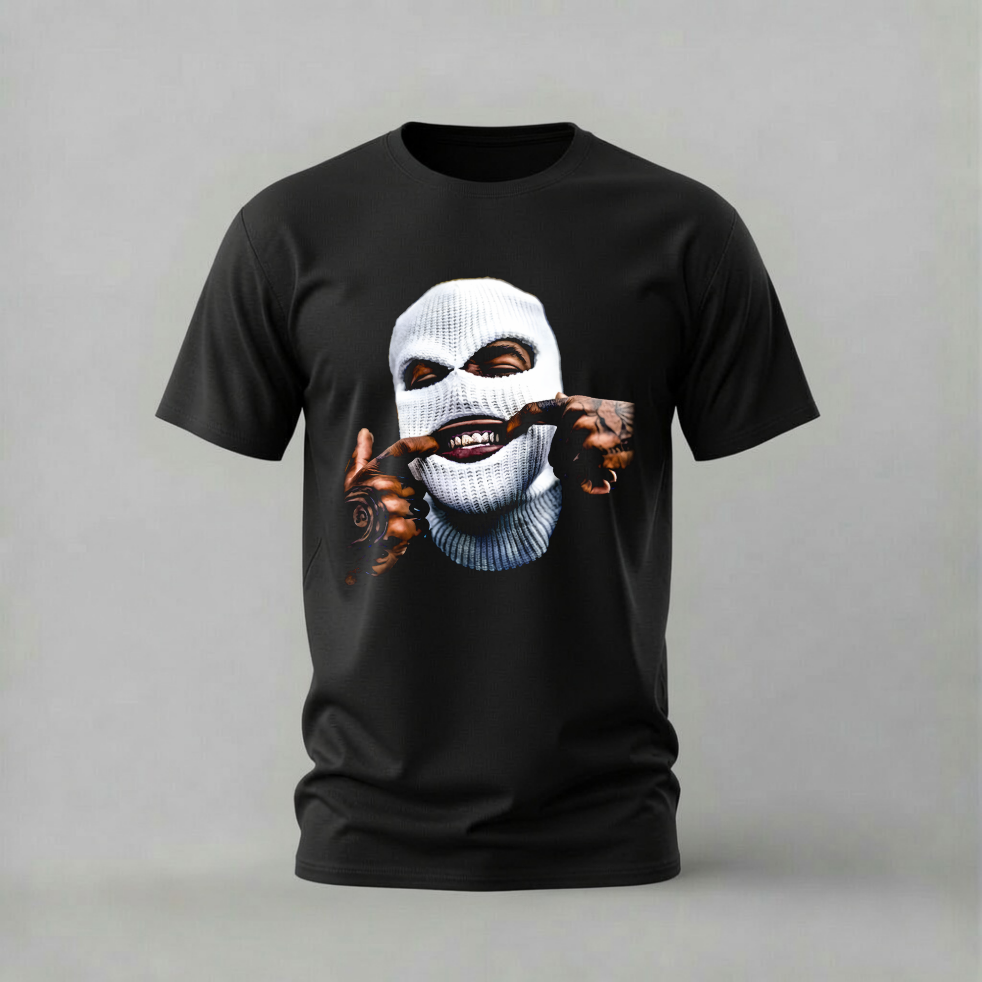 A black short-sleeve crewneck t-shirt featuring a graphic print of a person wearing a white ski mask and holding a gun to their face, set against a plain gray background.