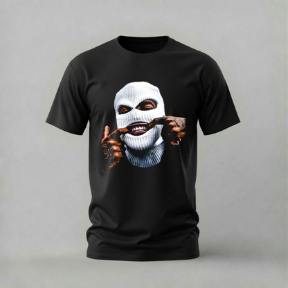 A black short-sleeve crewneck t-shirt featuring a graphic print of a person wearing a white ski mask and holding a gun to their face, set against a plain gray background.