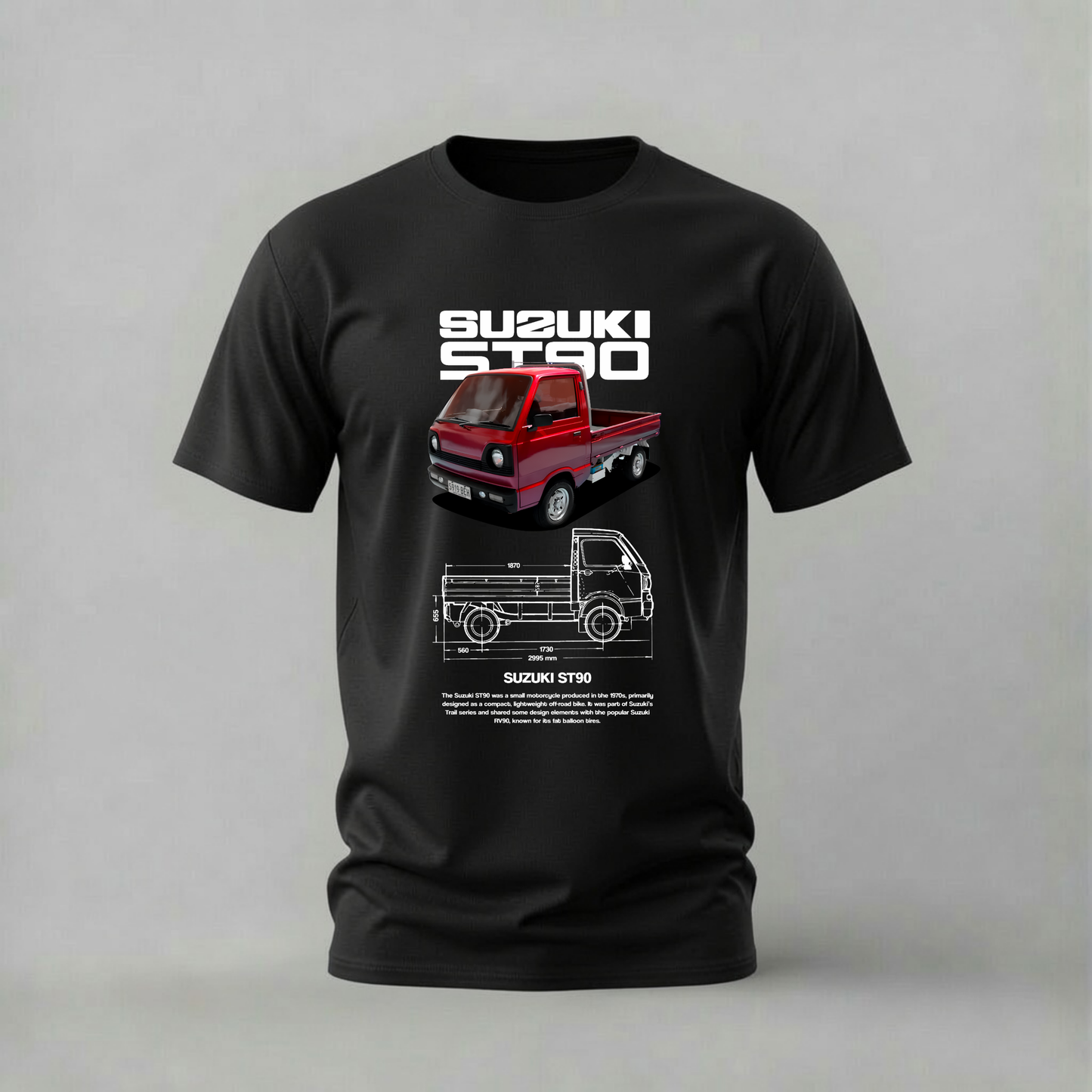 A black short-sleeve crewneck t-shirt featuring a graphic print of a red Suzuki Star mini truck and a technical blueprint diagram on the front, set against a neutral gray background.
