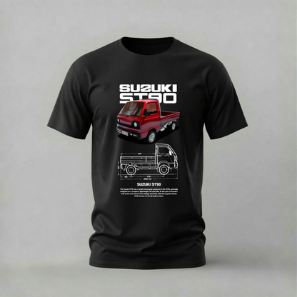 A black short-sleeve crewneck t-shirt featuring a graphic print of a red Suzuki Star mini truck and a technical blueprint diagram on the front, set against a neutral gray background.