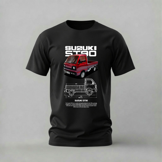 A black short-sleeve crewneck t-shirt featuring a graphic print of a red Suzuki Star mini truck and a technical blueprint diagram on the front, set against a neutral gray background.