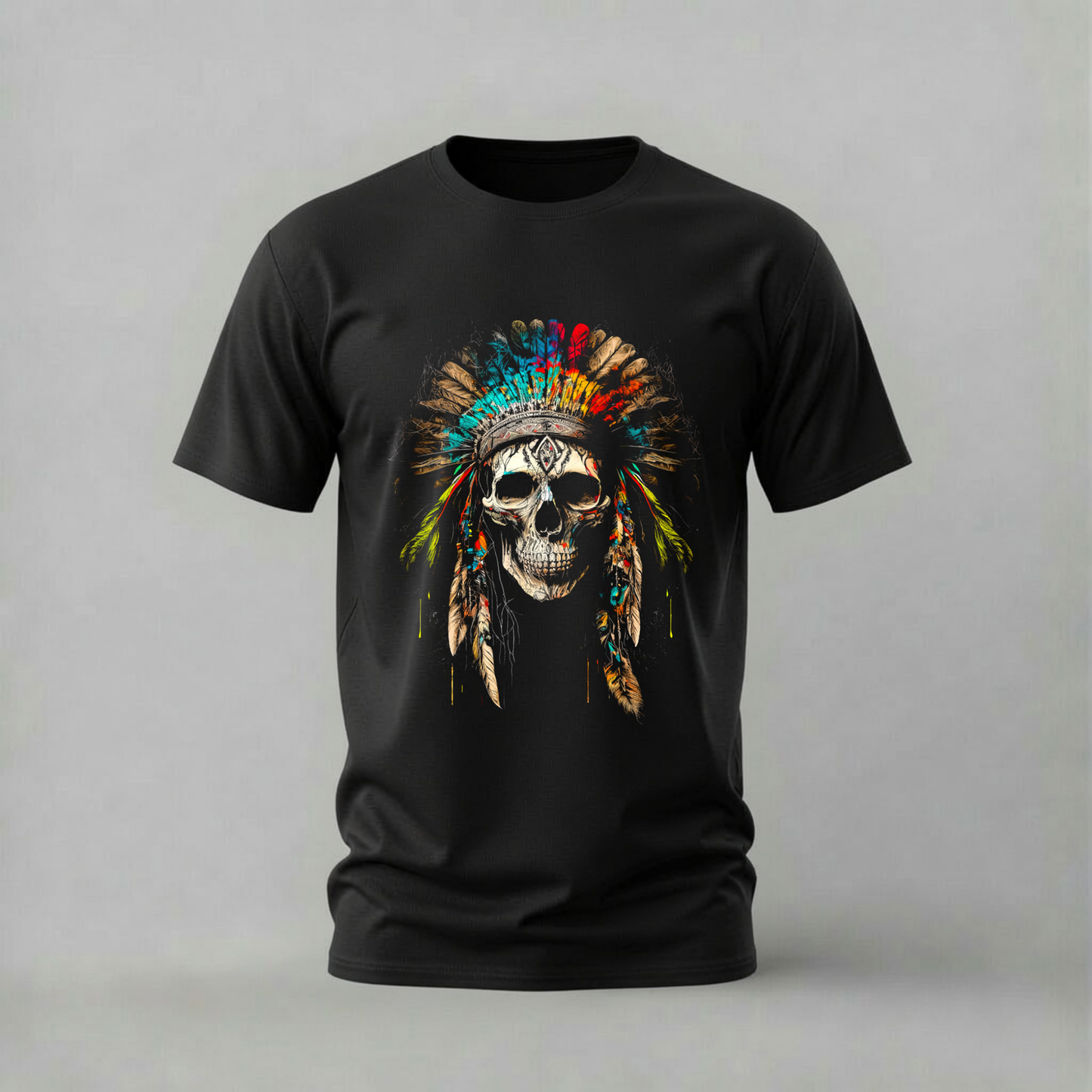 A black short-sleeve crewneck t-shirt featuring a graphic print of a skull wearing a colorful feathered headdress, displayed on a neutral gray background.