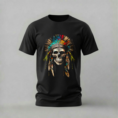 A black short-sleeve crewneck t-shirt featuring a graphic print of a skull wearing a colorful feathered headdress, displayed on a neutral gray background.