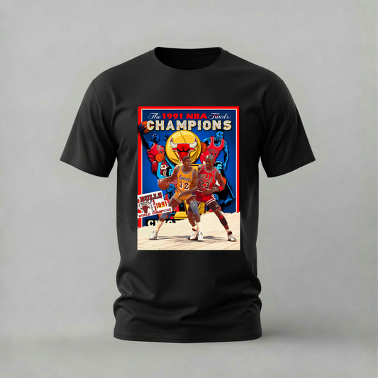 A black short-sleeve crewneck t-shirt featuring a large, colorful graphic print on the front. The graphic is a retro-style comic book poster celebrating the 1991 NBA Finals, showing Michael Jordan in a gold Chicago Bulls jersey with the text 'THE 1991 NBA FINALS CHAMPIONS' and 'WORLD CHAMPION'.