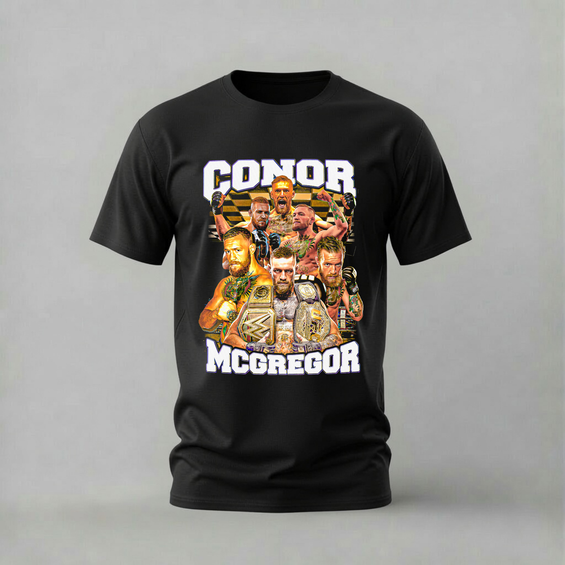 A black short-sleeve crewneck t-shirt featuring a large graphic print of WWE wrestler Conor McGregor with his name printed in bold white letters above and below the collage.