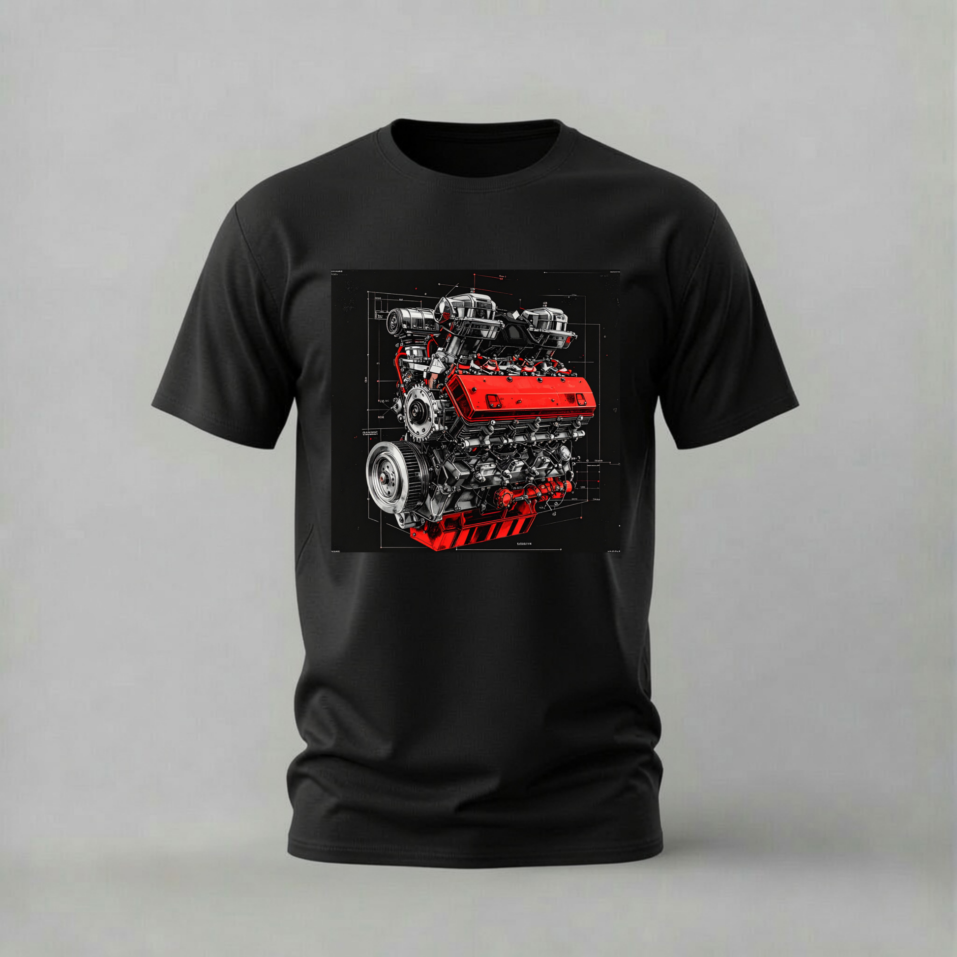 A black short-sleeve crewneck t-shirt featuring a large graphic print of a high-performance red and silver engine on the front, displayed against a neutral gray background.