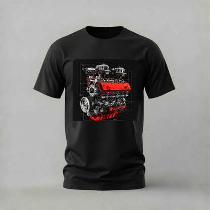 A black short-sleeve crewneck t-shirt featuring a large graphic print of a high-performance red and silver engine on the front, displayed against a neutral gray background.