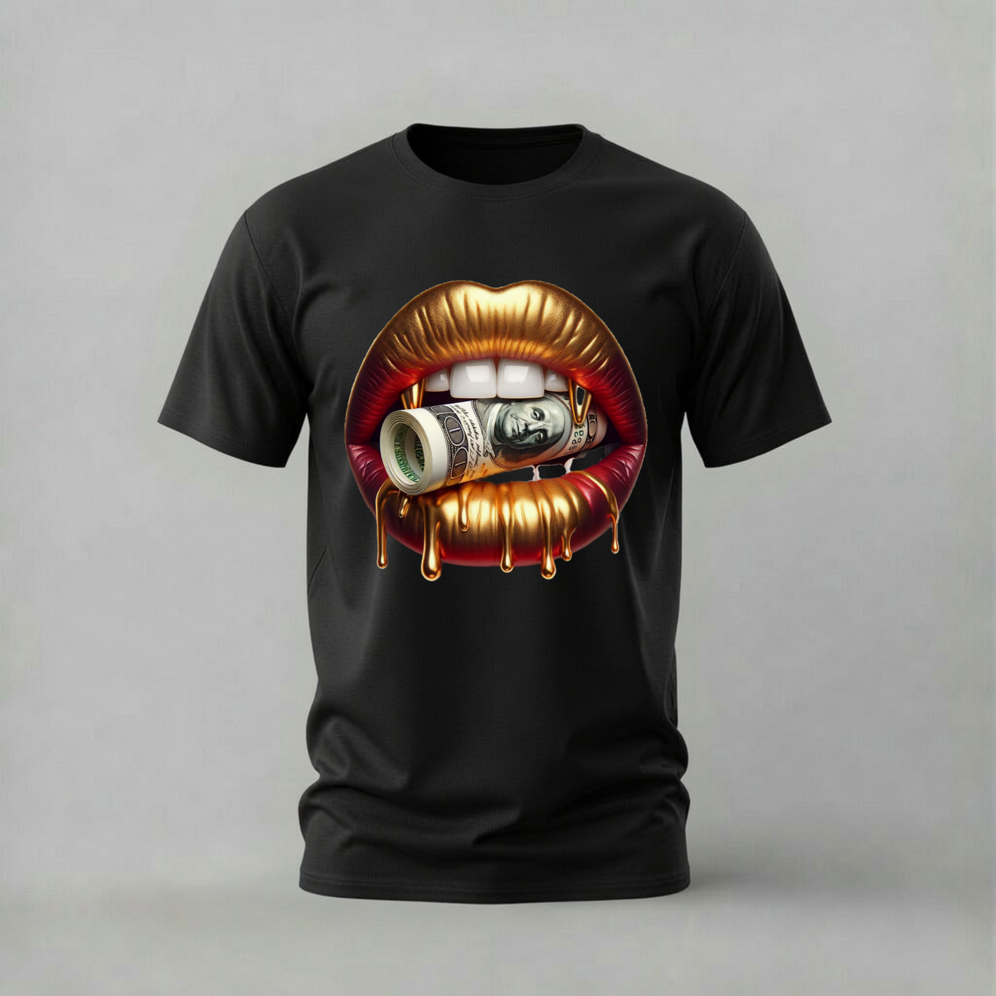 A black short-sleeve crewneck t-shirt featuring a large graphic print of glossy red lips with gold teeth biting down on a roll of dollar bills, displayed against a neutral gray background.