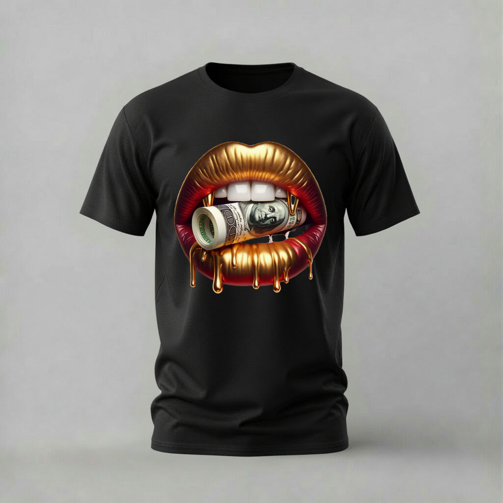 A black short-sleeve crewneck t-shirt featuring a large graphic print of glossy red lips with gold teeth biting down on a roll of dollar bills, displayed against a neutral gray background.