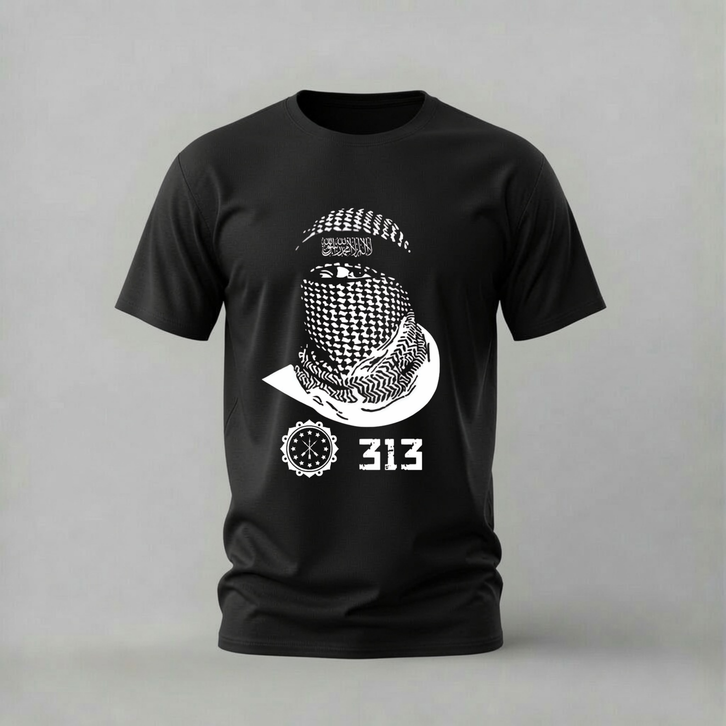 A black short-sleeve crewneck t-shirt featuring a white graphic print of a person wearing a keffiyeh patterned headscarf, with the text '313' and a circular emblem below, displayed against a neutral gray background.