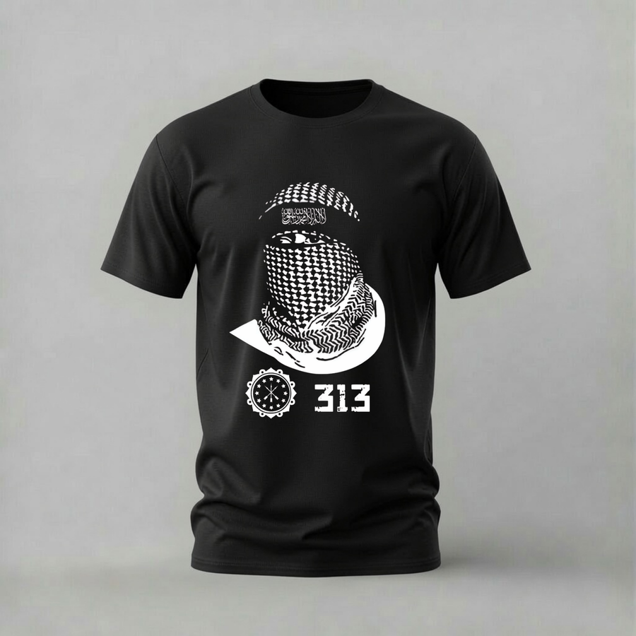 A black short-sleeve crewneck t-shirt featuring a white graphic print of a person wearing a keffiyeh patterned headscarf, with the text '313' and a circular emblem below, displayed against a neutral gray background.