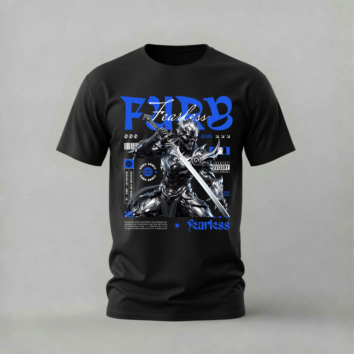 A black short-sleeve crewneck t-shirt with a detailed graphic print on the front. The graphic features a metallic anime-style character holding a sword, with the words 'FURY' and 'Fearless' printed in blue and white text.