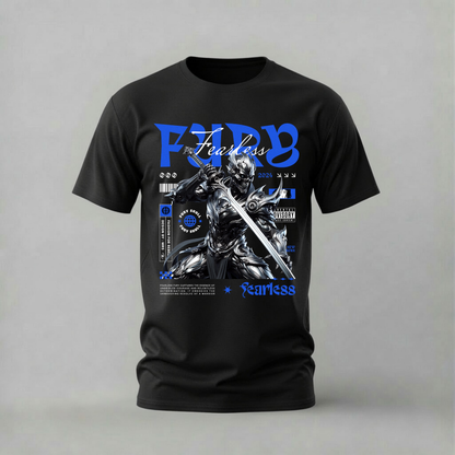 A black short-sleeve crewneck t-shirt with a detailed graphic print on the front. The graphic features a metallic anime-style character holding a sword, with the words 'FURY' and 'Fearless' printed in blue and white text.